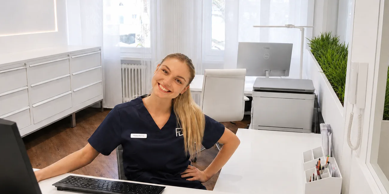Mitarbeiterin am Empfang der Praxis FRYDENT
