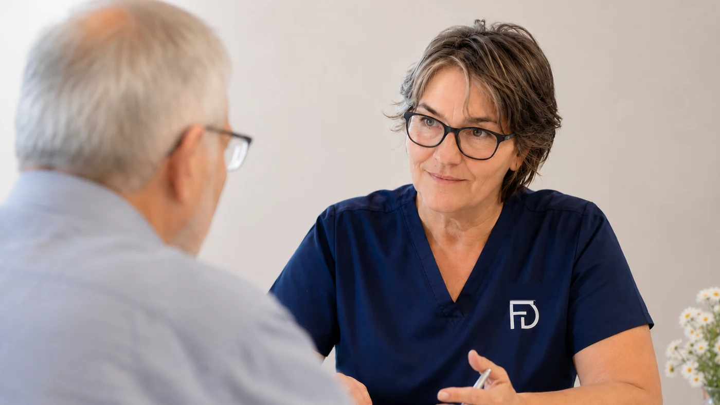 Dr. Frydrych im Gespräch mit einem Patienten am Besprechungstisch