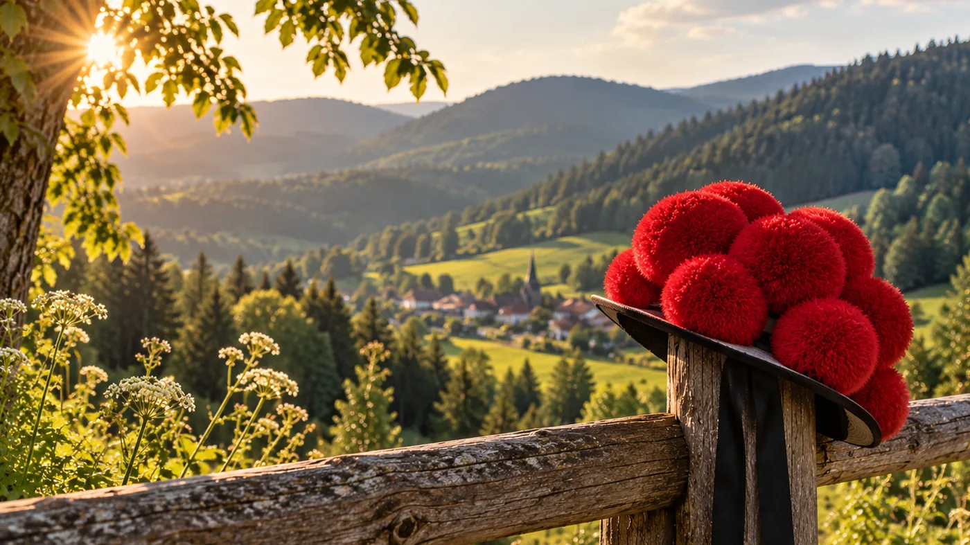 Schwarzw&auml;lder Bollenhut auf einem Holzzaun mit Blick &uuml;ber die Landschaft