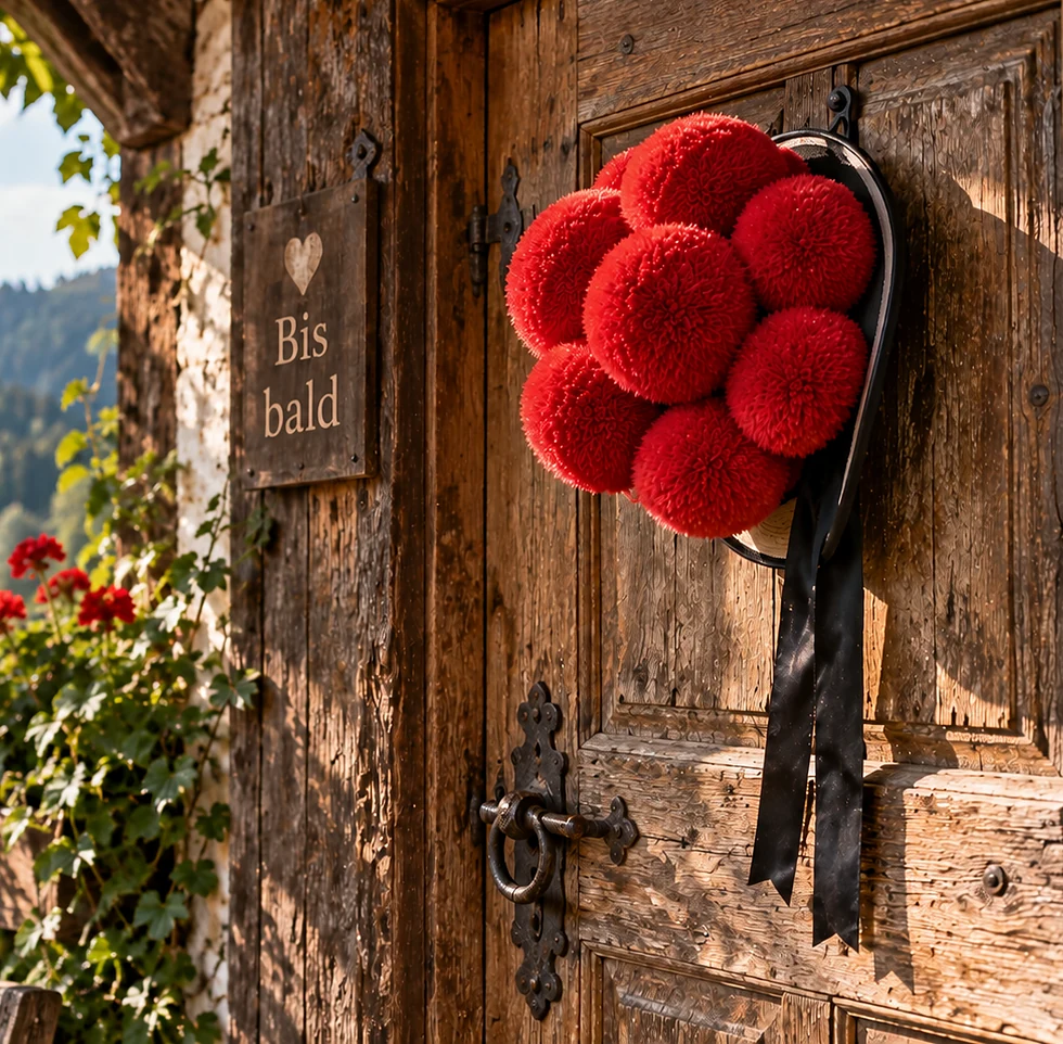 Bollenhut an einer alten Holzt&uuml;r, daneben ein Schild mit der Aufschrift Bis bald