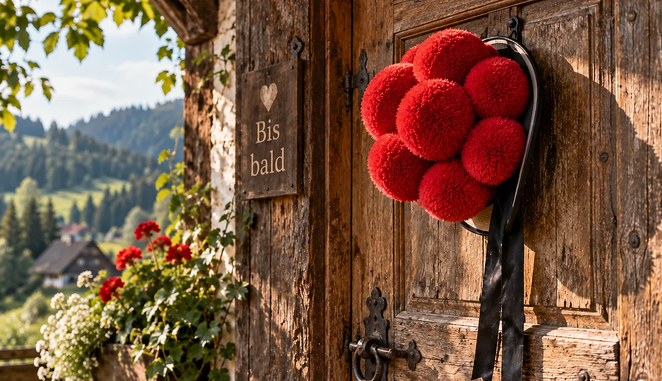 Bollenhut an einer alten Holzt&uuml;r, daneben ein Schild mit der Aufschrift Bis bald